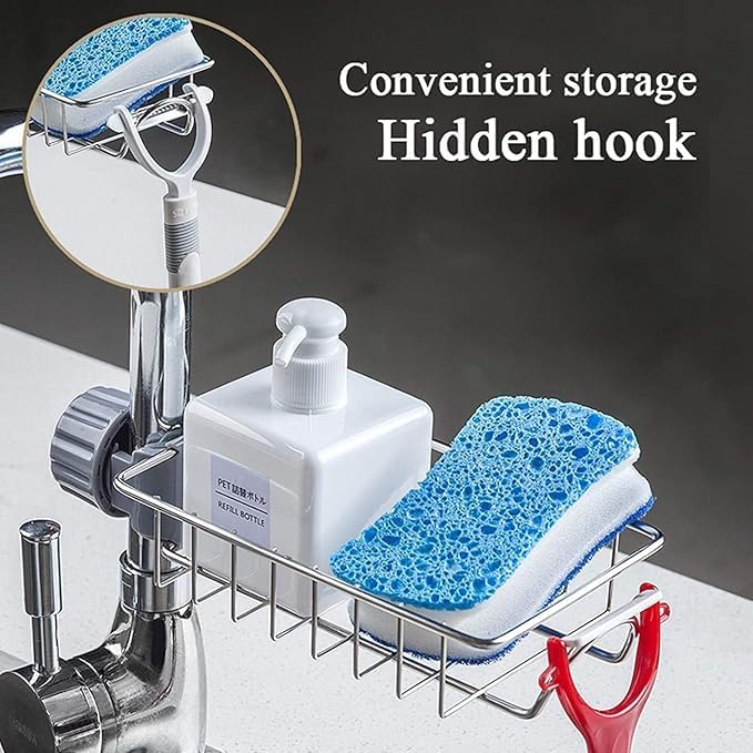 Stainless Steel Adjusting Multifunctional Over Kitchen Sink Caddy Clamp Faucet Sponge Scrubber Holder Storage Hanging Shelf Draining Bathroom Tap Shampoo Soap Organizer Rack (Pack of 1)