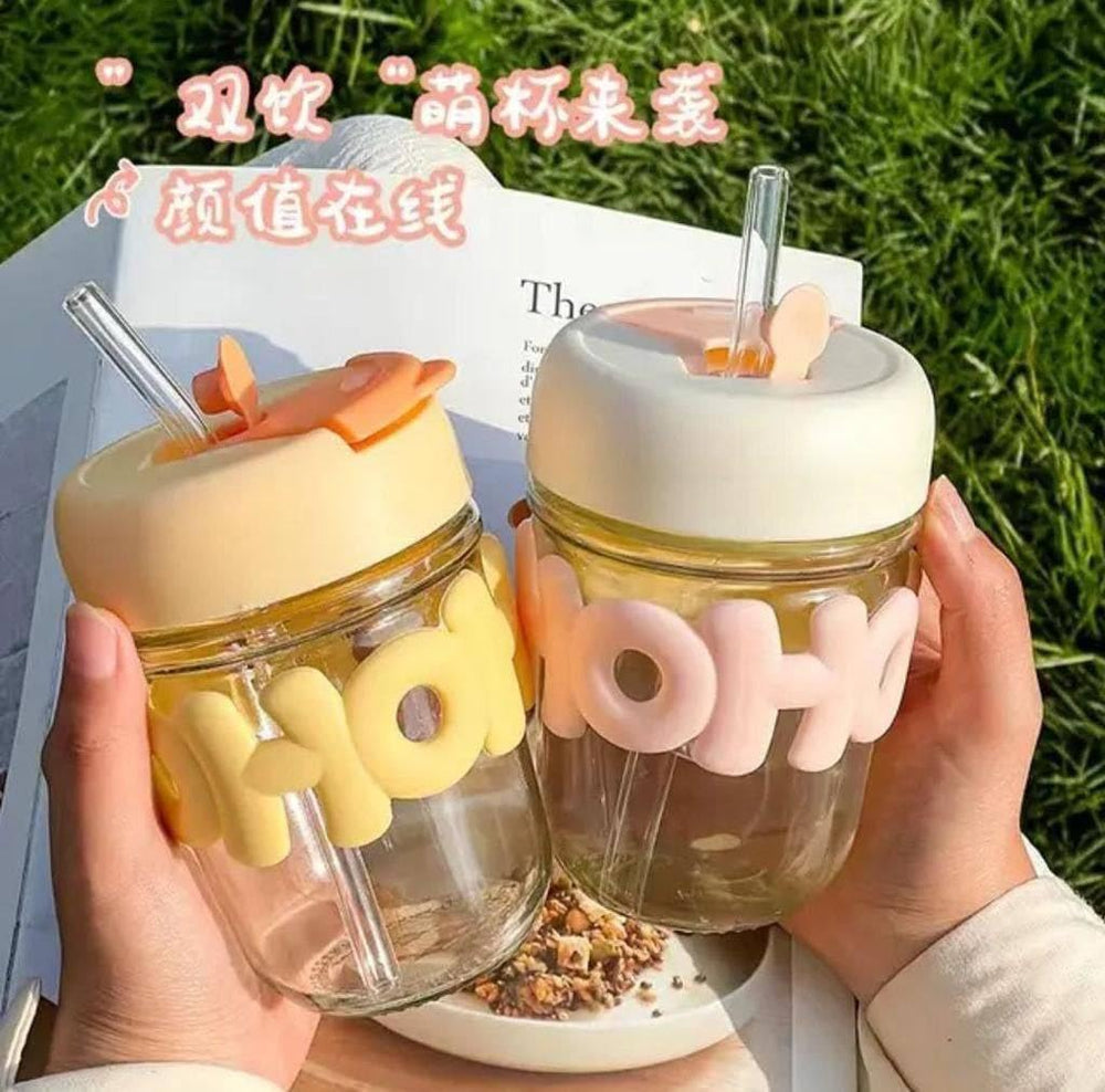 Hoho 450ml Printed Glass Coffee Mug with Lid & Straw – Leak-Proof Borosilicate Glass Tumbler (Yellow)