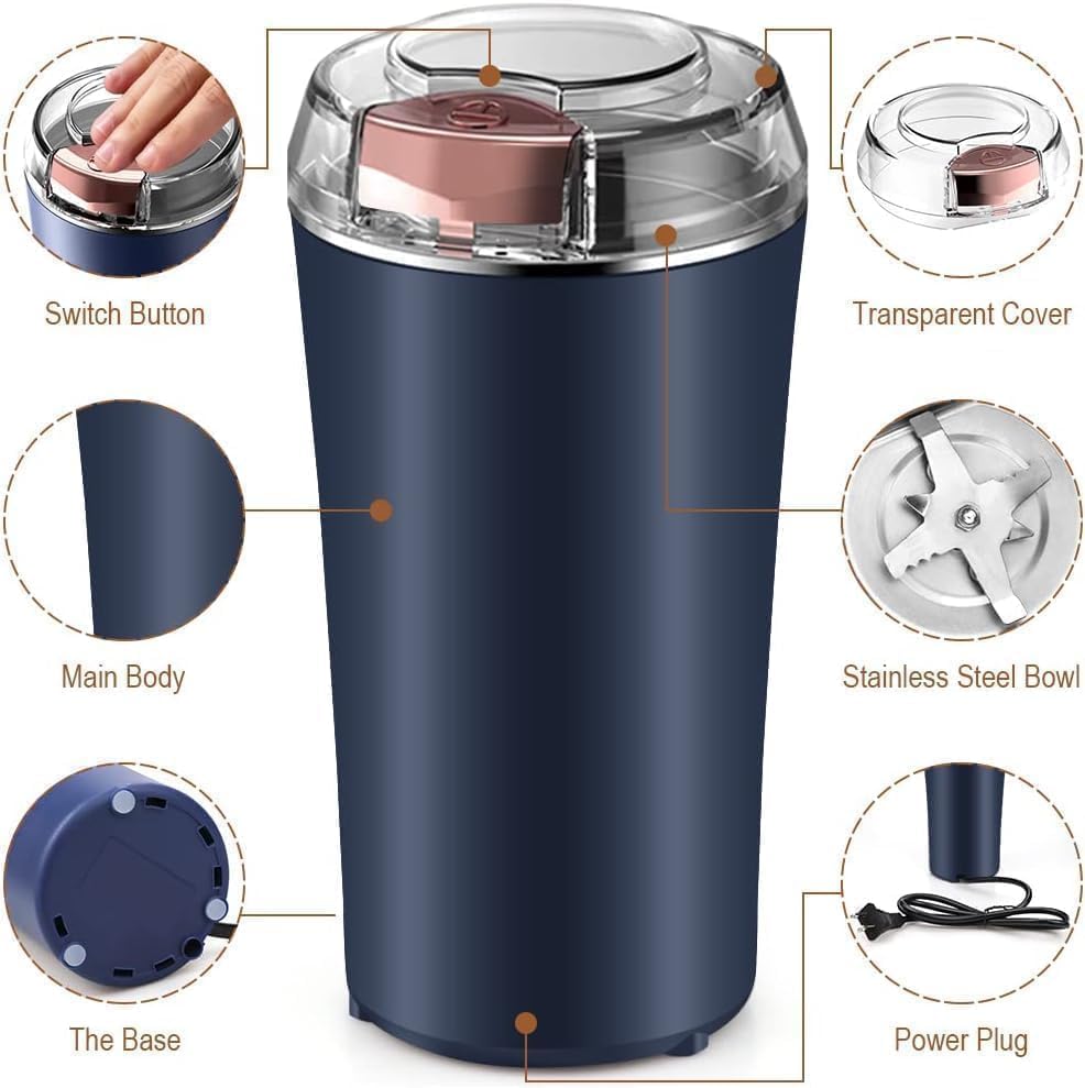 Portable Electric Coffee Grinder – Stainless Steel 4 Blade Spice & Coffee Bean Grinder with Push Button Control for Masala, Herbs & Dry Items (Medium)