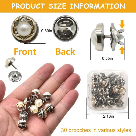 30PCS Pearl Brooch Buttons Set - No Sew, Removable Mini Safety Shirt Buttons for Cardigans, Sarees, Dresses & Hats - Elegant Fancy Design for Cover-Up & Decorative Use