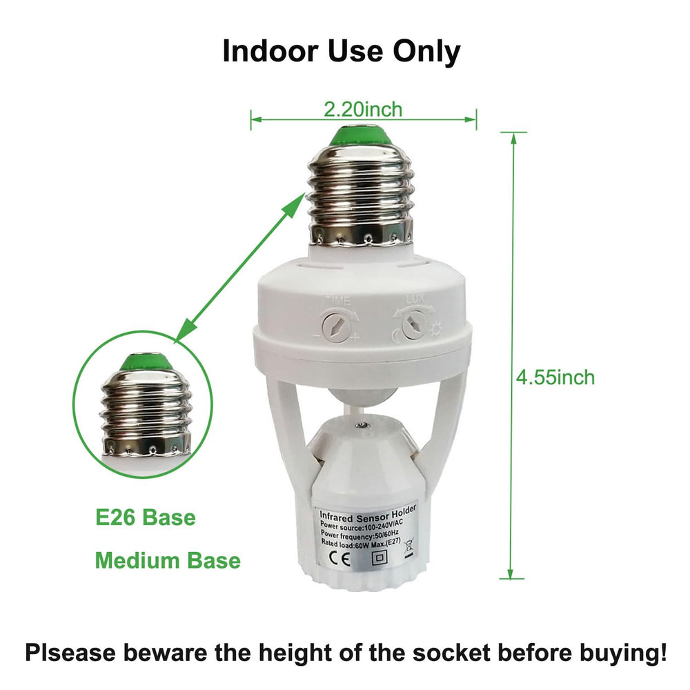 PIR Motion Sensor Light Socket,E26/E27 Smart Lamp Bulb Holder Adapter Auto On/Off Light Control Suitable for Garage Basement Porch Storage Room