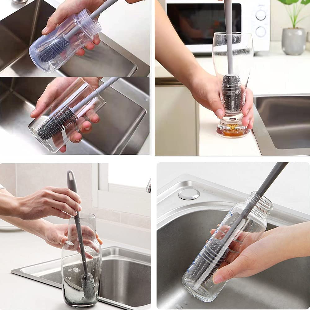 Long Handle Silicone Bottle Cleaner Brush for Washing Water Bottle, Solution Bottle, Mug. Cleaning Brush (Pack of 1) (Color - Grey)