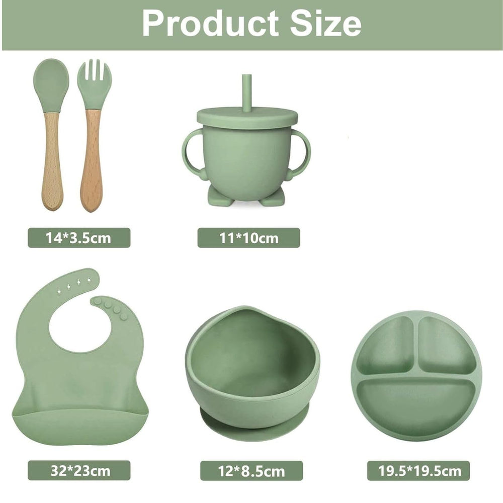 6PCS Silicone Baby Feeding Set – Suction Plate, Bowl, Bib, Spoon, Fork & Cup – BPA-Free, Microwave & Dishwasher Safe – Soft & Safe for Babies 6 Months+ (Green)
