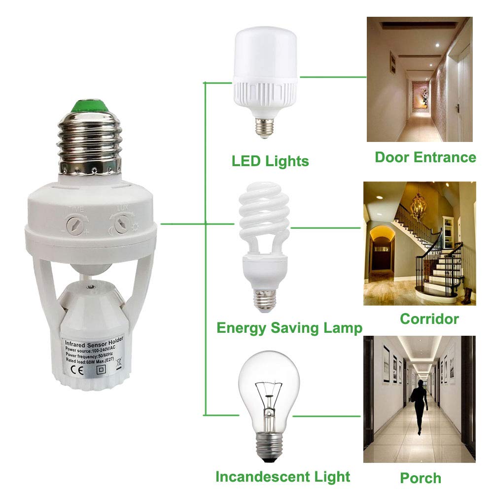 PIR Motion Sensor Light Socket,E26/E27 Smart Lamp Bulb Holder Adapter Auto On/Off Light Control Suitable for Garage Basement Porch Storage Room