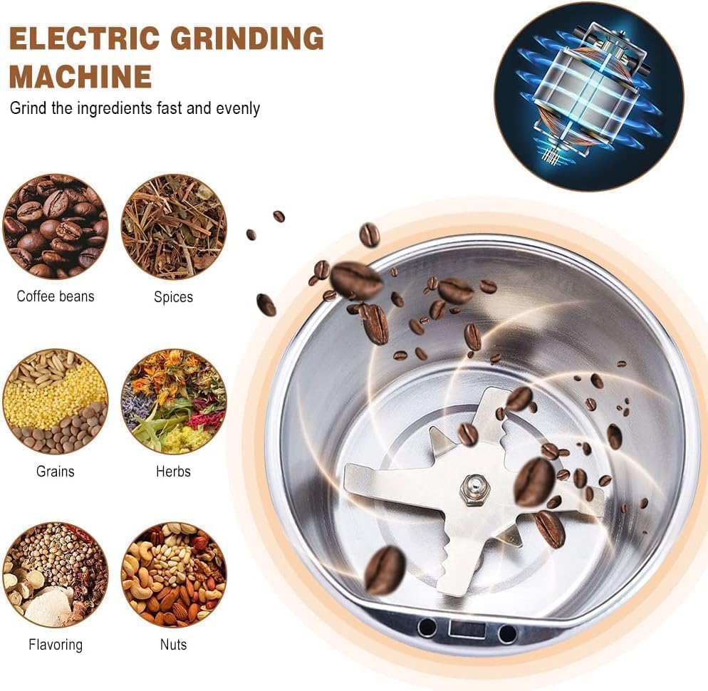 Portable Electric Coffee Grinder – Stainless Steel 4 Blade Spice & Coffee Bean Grinder with Push Button Control for Masala, Herbs & Dry Items (Medium)