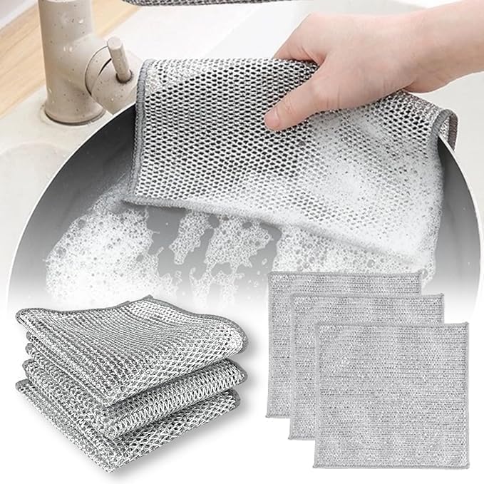 Non Scratch Wire Dish Cloth (Pack of 3), Steel Scrubber for Utensils Cleaning, Multipurpose Wet and Dry Cleaning, Stainless-Steel Dish Wash Scrubber for Washing Dishes, Sinks, Counters