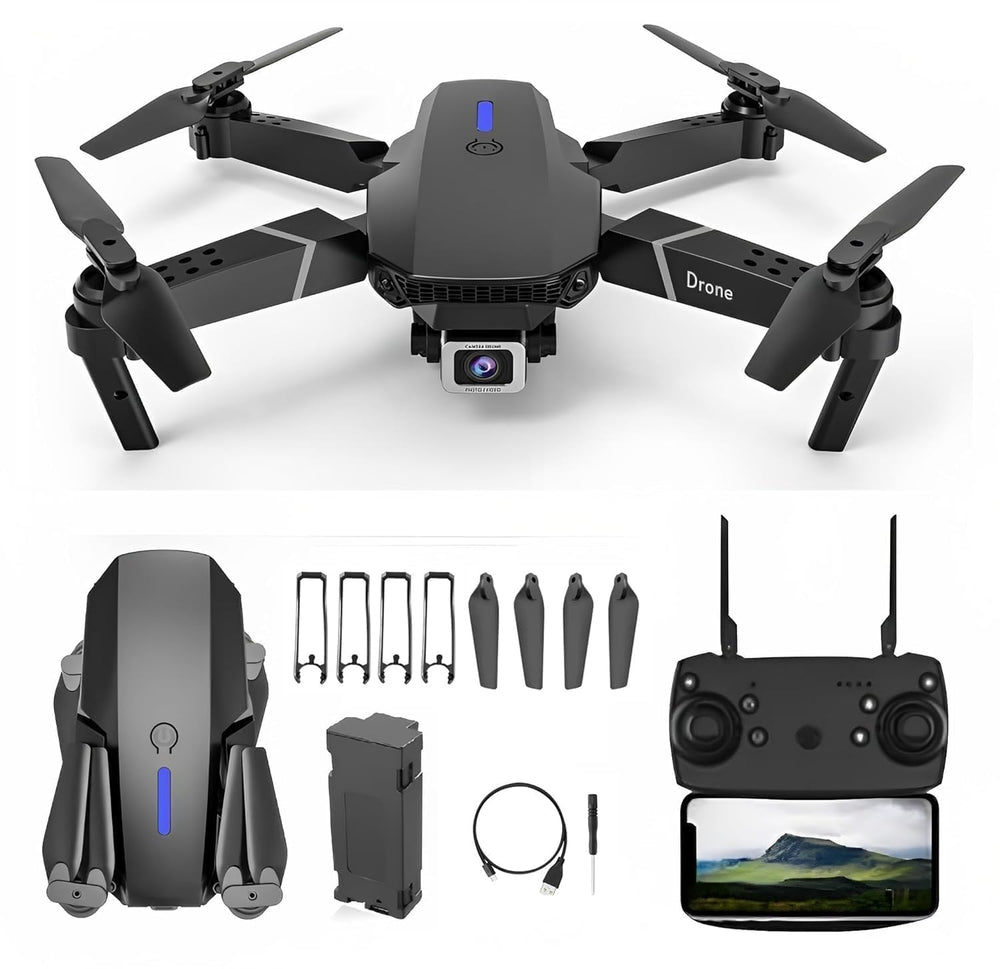 E88 Pro Mini Drone with Dual HD Camera, 4K Wide Angle WiFi FPV Foldable RC Quadcopter, Altitude Hold & One-Key Return for Beginners (Grey)