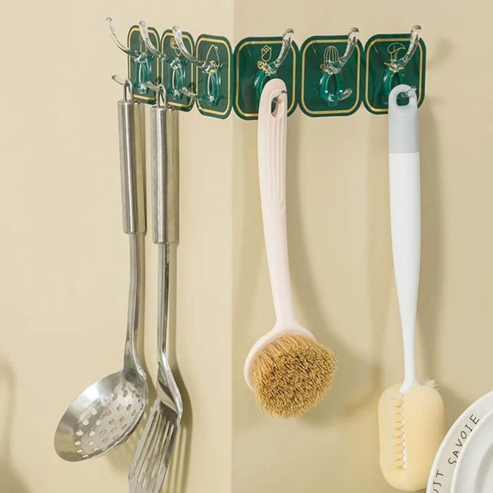 Kitchen Bathroom Six Row Wall Hook Wall Hanger Home Storage Tools Sticky Hook - 2 pc (12 Hook) Multi Color.