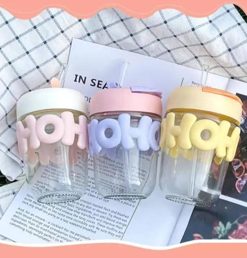 Hoho 450ml Printed Glass Coffee Mug with Lid & Straw – Leak-Proof Borosilicate Glass Tumbler (Yellow)