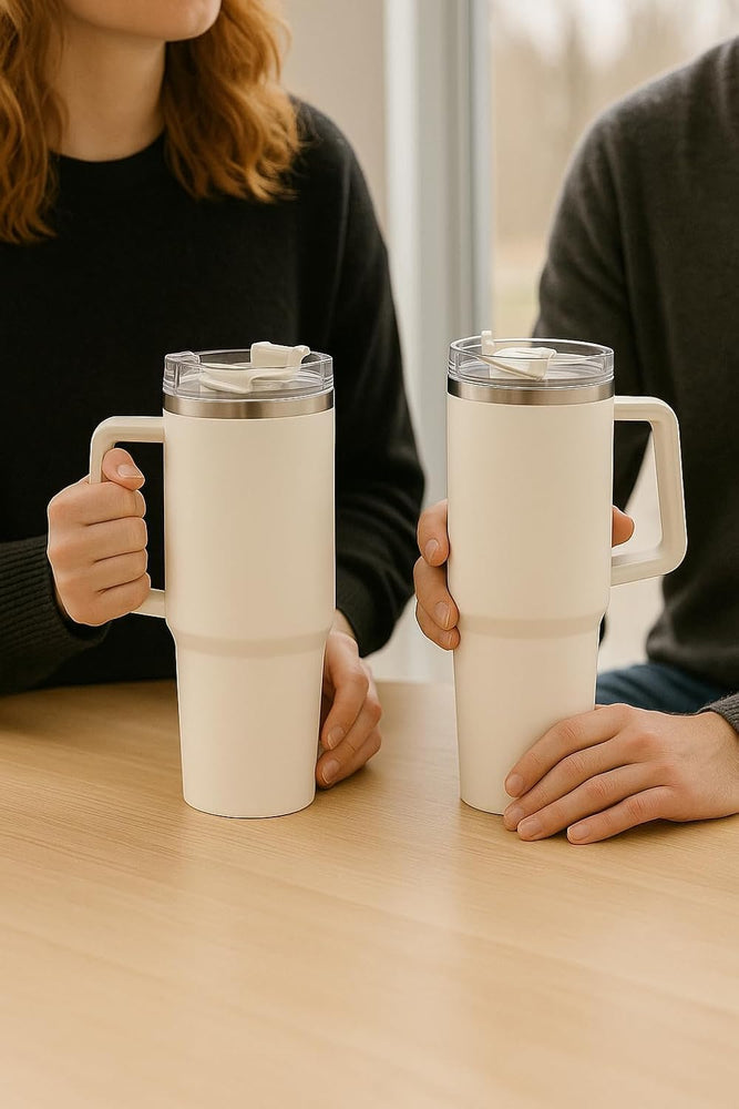 Stainless Steel Tumbler with Straw & Handle | Double Wall Insulated Travel Cup | Leak Proof Lid | Hot & Cold Beverage Mug for Home, Office & Car (Pink)