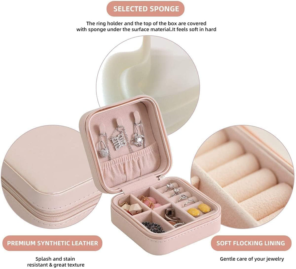 Mini Jewellery Travel Case, PU Leather Organizer Box, Small Portable Jewellery Storage Holder for Womens Rings Earrings Necklaces (Peach-PU Leather Box) (Peach)