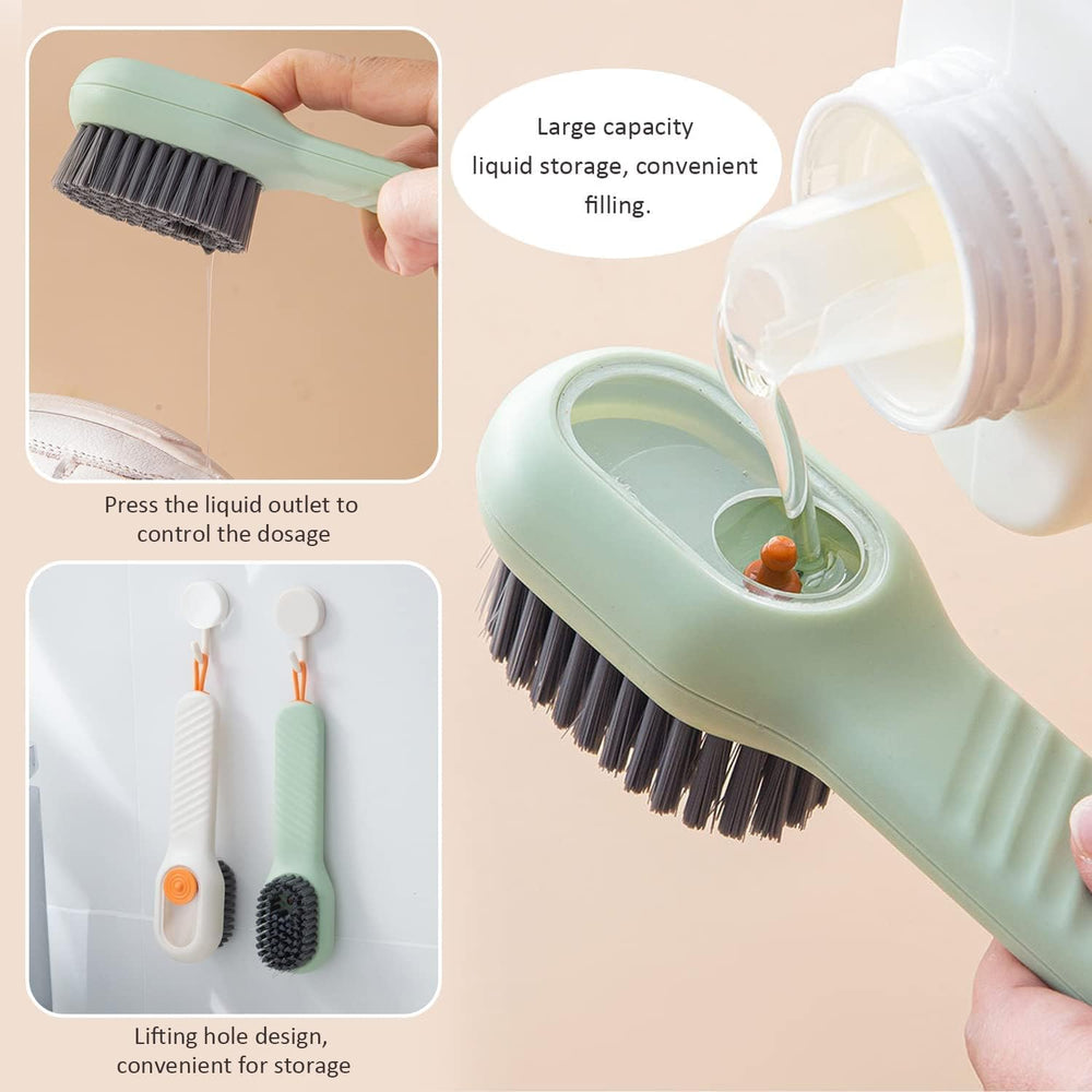 Multifunctional Liquid Shoe Brush with Liquid Box, Adding Liquid Filled Shoe Washing Brush with Soap Dispenser Press Type, Long Handle Shoe Cleaner Brush Cleaning with New Liquid Cartridge Pack of 1