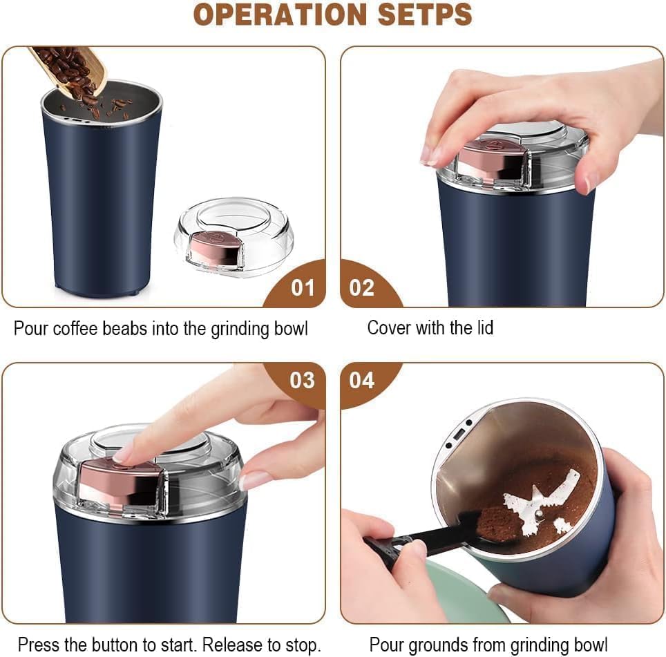 Portable Electric Coffee Grinder – Stainless Steel 4 Blade Spice & Coffee Bean Grinder with Push Button Control for Masala, Herbs & Dry Items (Medium)