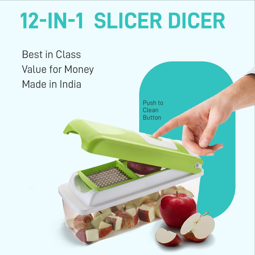 12 in 1 Multipurpose Chopper, Fruits & Vegetable Cutters, Grater Peeler Chipser, Unbreakable Food Grade Body, Easy Push to Clean Button Slicer Dicer, Chopper for Kitchen (Green, Plastic)