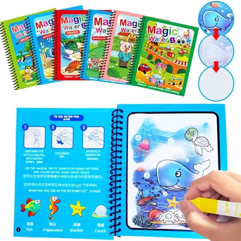 Magic Water Doodle with Magic Pen Painting Board for Children Education Drawing Pad Drawing Reusable Water-Reveal Activity Pad-Random Design Dry Book Water Coloring Book Multi color (Pack Of 4)