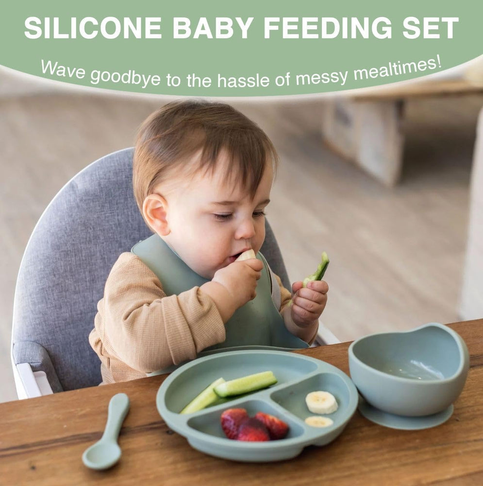 6PCS Silicone Baby Feeding Set – Suction Plate, Bowl, Bib, Spoon, Fork & Cup – BPA-Free, Microwave & Dishwasher Safe – Soft & Safe for Babies 6 Months+ (Green)