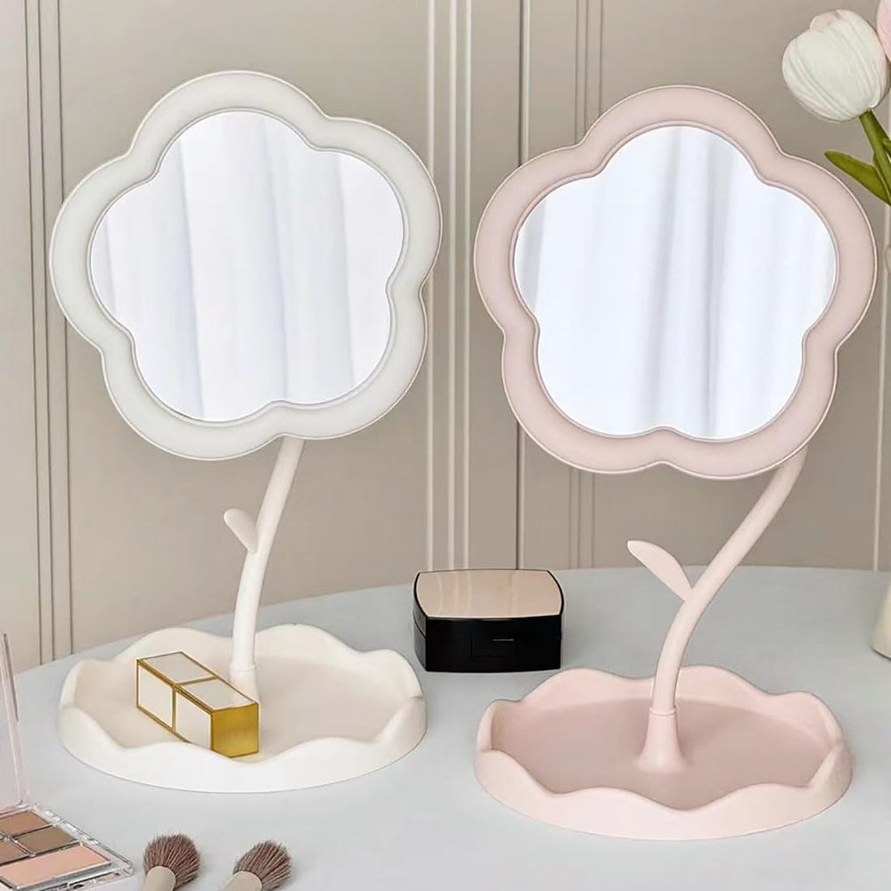Flower Shape Makeup Mirror with Storage Tray, Tabletop Vanity Mirror for Dressing Table, Cosmetic Organizer Stand, Pink