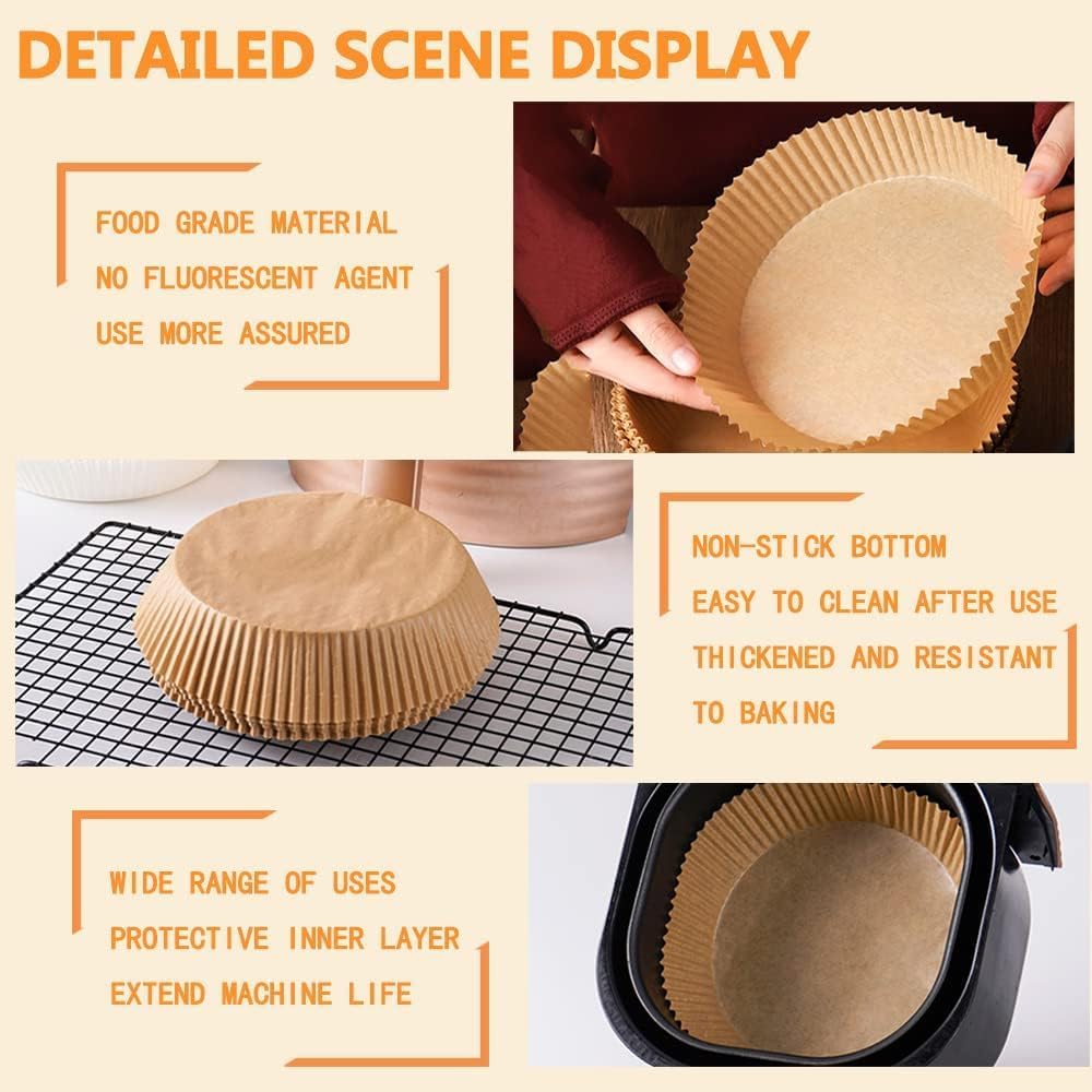 100 PCS Air Fryer Round Parchment Paper Liners – Non-Stick, Heat Resistant, Baking Paper – Fits 5 to 8 QT Air Fryers – Disposable, Food-Grade, Grease-Proof Sheets. (Round)