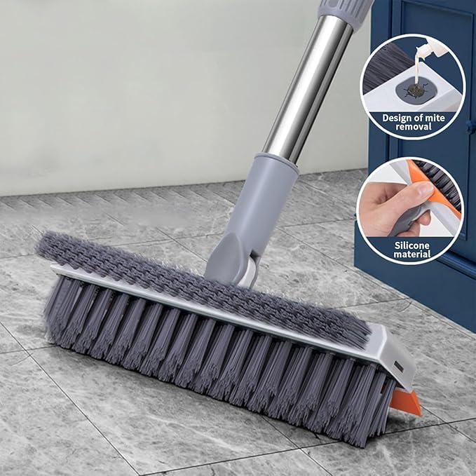 3 in 1 Bathroom Cleaning Brush with Wiper, Long Handle Floor Scrub Brush for Bathroom & Toilet, 180° Rotating Tile Cleaning Brush, Multifunction Floor Scrubber Tool with Foldable Handle