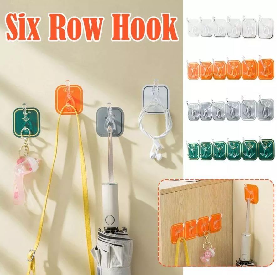 Kitchen Bathroom Six Row Wall Hook Wall Hanger Home Storage Tools Sticky Hook - 2 pc (12 Hook) Multi Color.