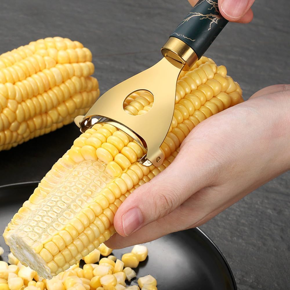 Gold Corn Peeler | Stainless Steel Corn Kernel Remover |Makai Quick & Easy Handheld Corn Cutter | Durable & Sharp Cob Stripper | Kitchen Essential for Effortless Corn Peeling