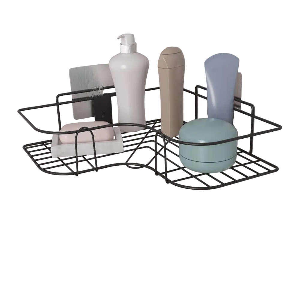 Wall Mounted Self-Adhesive Bathroom Corner Shelf/Kitchen Rack & Holder/Storage Organizer Rack - Bathroom Accessories (Material-GI Metal, Powder Coated Finish, Black, Pack of 1)