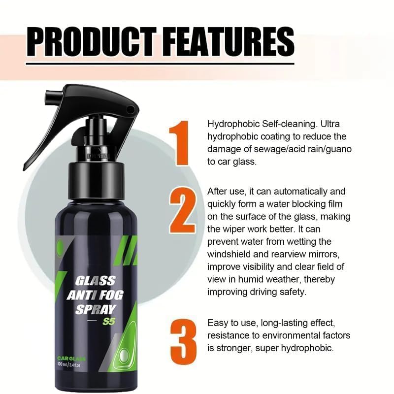 Glass Anti Fog Spray 100ml | Hydrophobic Self-Cleaning Solution for Car Windshield, Helmet Visor, Mirrors & Eyeglass Lenses | Clear Vision & Water Repellent Protection
