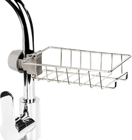 Stainless Steel Adjusting Multifunctional Over Kitchen Sink Caddy Clamp Faucet Sponge Scrubber Holder Storage Hanging Shelf Draining Bathroom Tap Shampoo Soap Organizer Rack (Pack of 1)