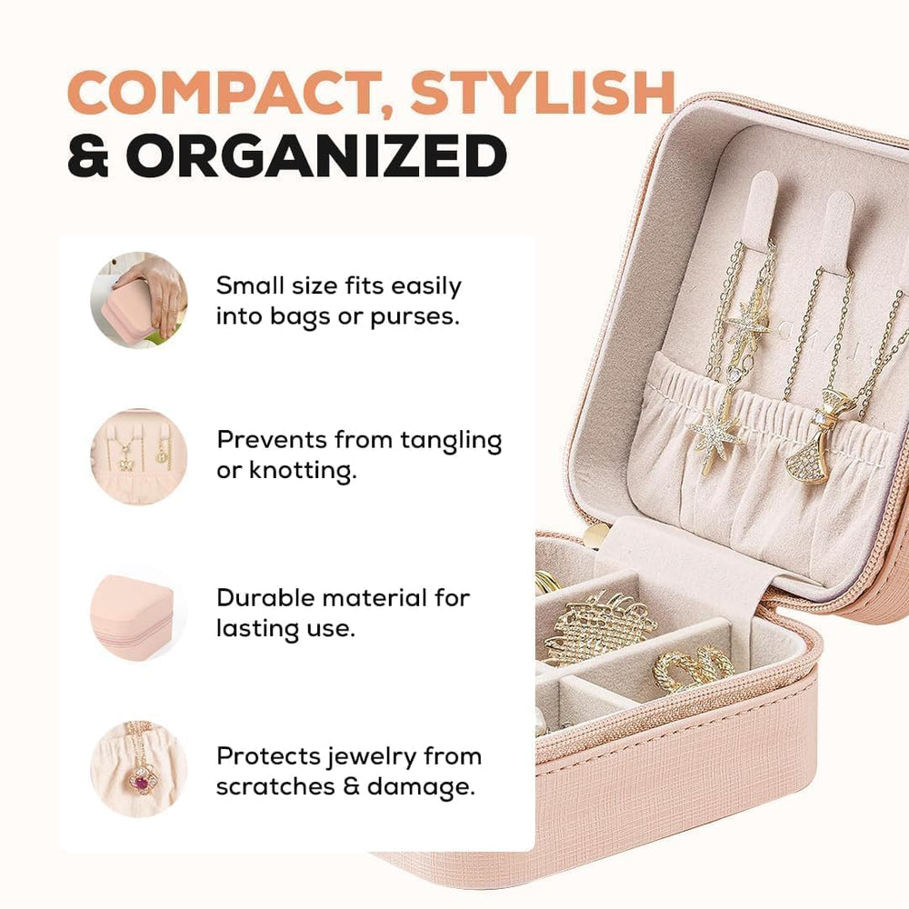 Mini Jewellery Travel Case, PU Leather Organizer Box, Small Portable Jewellery Storage Holder for Womens Rings Earrings Necklaces (Peach-PU Leather Box) (Peach)