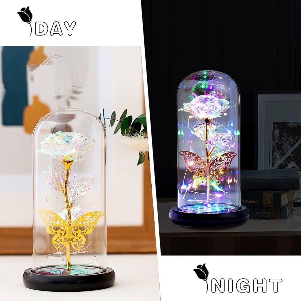 Forever Rose, Galaxy Glass Rose Flower and Butterfly with Led Light Great Gift Ideas for Valentine's Day, Mother's Day, Birthday, Anniversary, Engagement