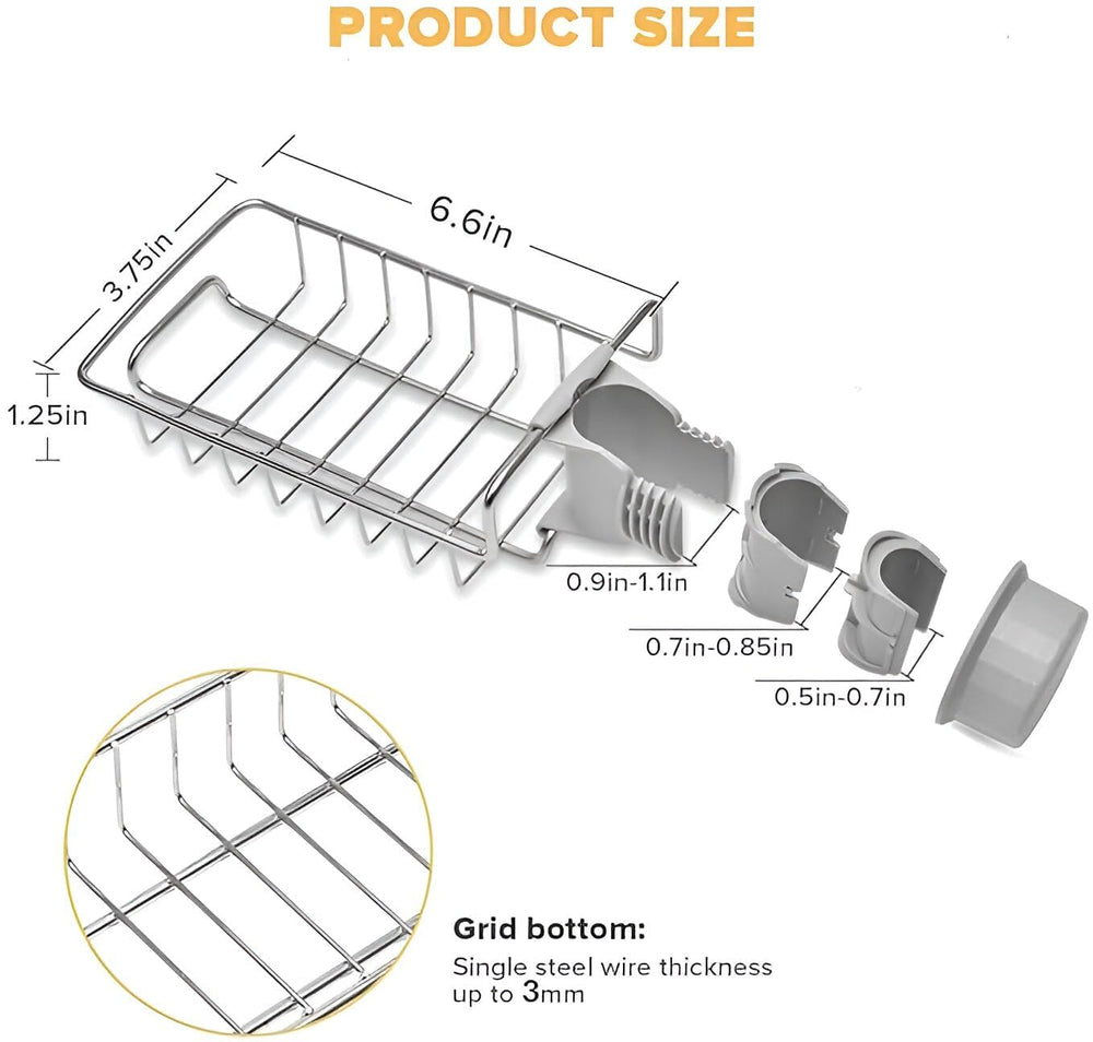 Stainless Steel Adjusting Multifunctional Over Kitchen Sink Caddy Clamp Faucet Sponge Scrubber Holder Storage Hanging Shelf Draining Bathroom Tap Shampoo Soap Organizer Rack (Pack of 1)
