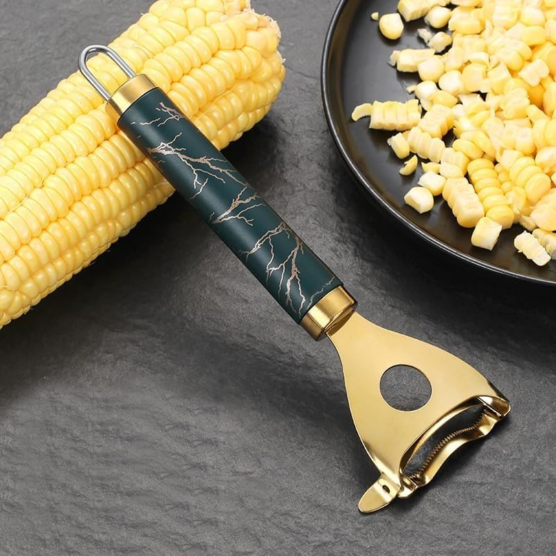 Gold Corn Peeler | Stainless Steel Corn Kernel Remover |Makai Quick & Easy Handheld Corn Cutter | Durable & Sharp Cob Stripper | Kitchen Essential for Effortless Corn Peeling