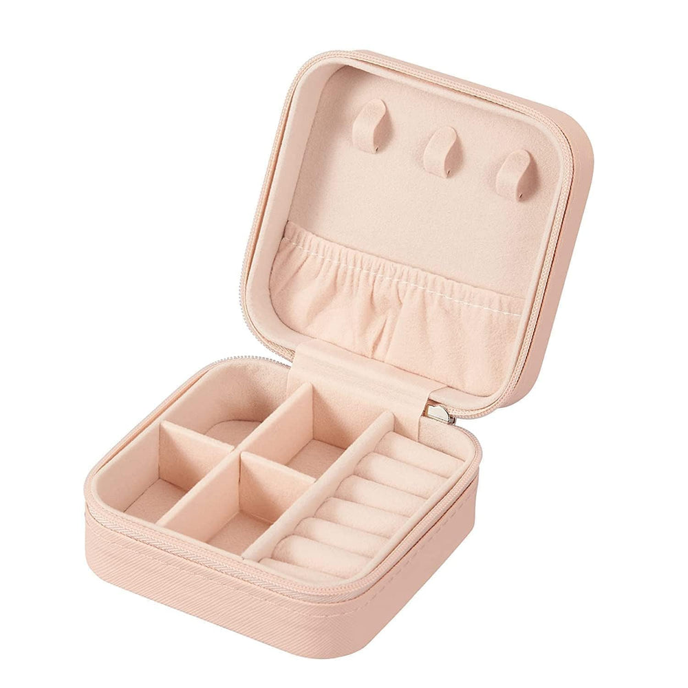 Mini Jewellery Travel Case, PU Leather Organizer Box, Small Portable Jewellery Storage Holder for Womens Rings Earrings Necklaces (Peach-PU Leather Box) (Peach)