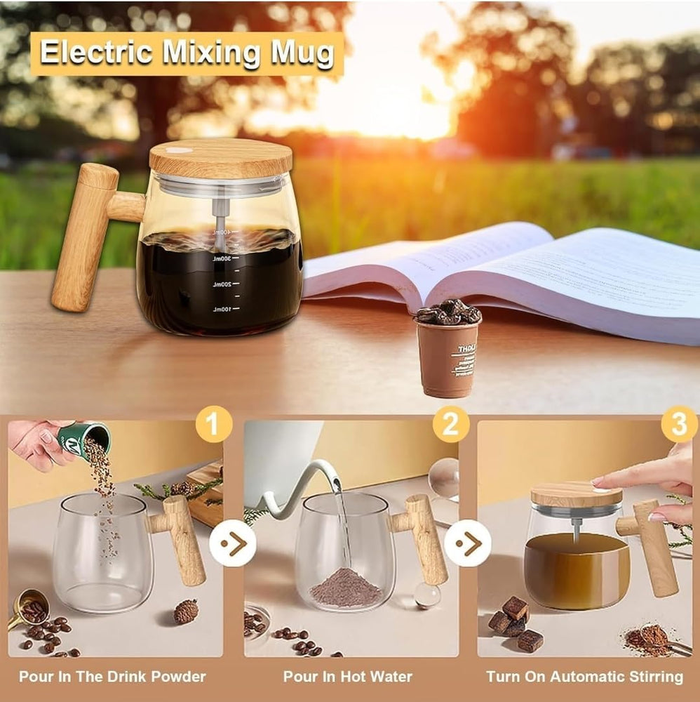 Electric Self Stirring Coffee Mug with Plastic Handle & Glass Cup – USB Rechargeable Automatic Coffee Mixer Cup with Magnetic Stirrer for Coffee, Milk, Protein Shake, Hot Chocolate (400ml)