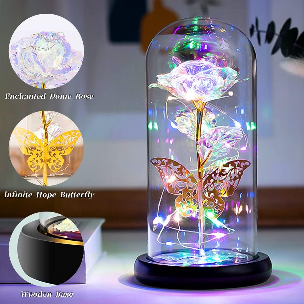 Forever Rose, Galaxy Glass Rose Flower and Butterfly with Led Light Great Gift Ideas for Valentine's Day, Mother's Day, Birthday, Anniversary, Engagement