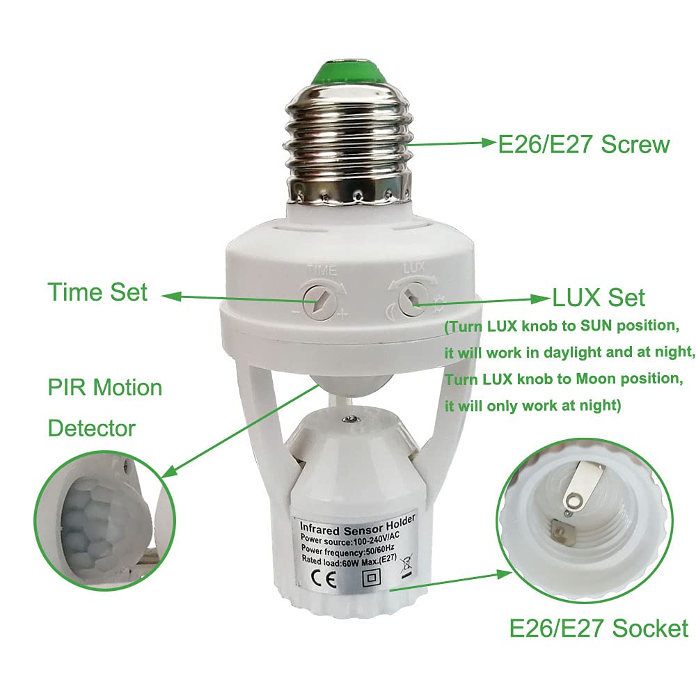 PIR Motion Sensor Light Socket,E26/E27 Smart Lamp Bulb Holder Adapter Auto On/Off Light Control Suitable for Garage Basement Porch Storage Room