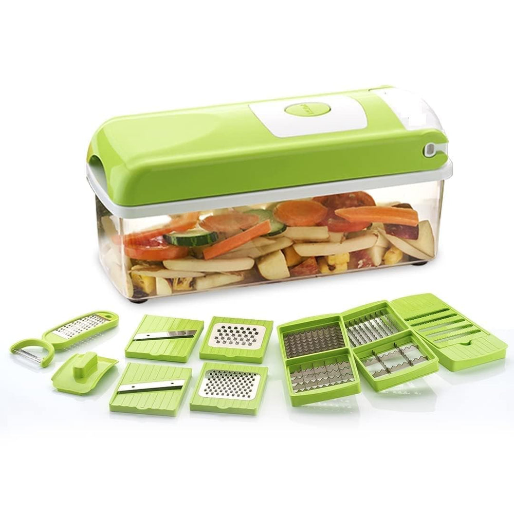 12 in 1 Multipurpose Chopper, Fruits & Vegetable Cutters, Grater Peeler Chipser, Unbreakable Food Grade Body, Easy Push to Clean Button Slicer Dicer, Chopper for Kitchen (Green, Plastic)