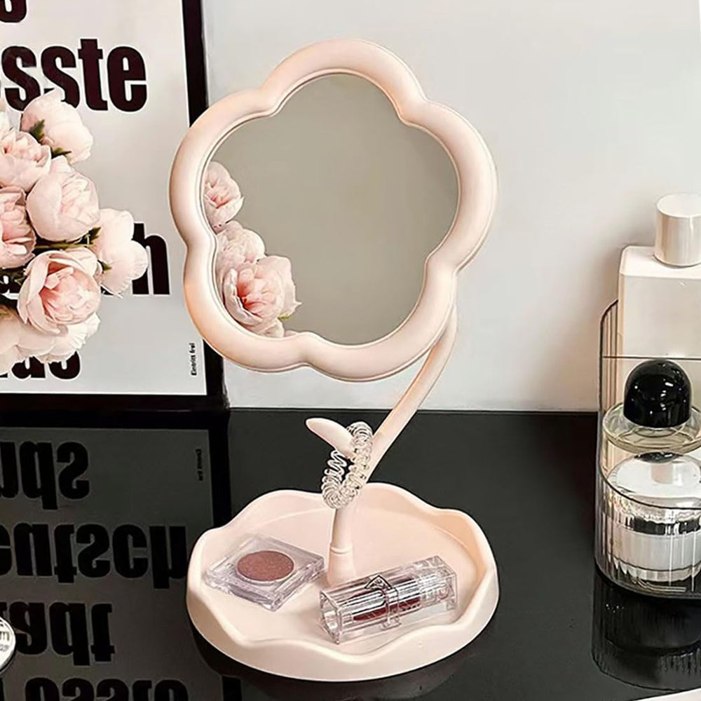 Flower Shape Makeup Mirror with Storage Tray, Tabletop Vanity Mirror for Dressing Table, Cosmetic Organizer Stand, Pink