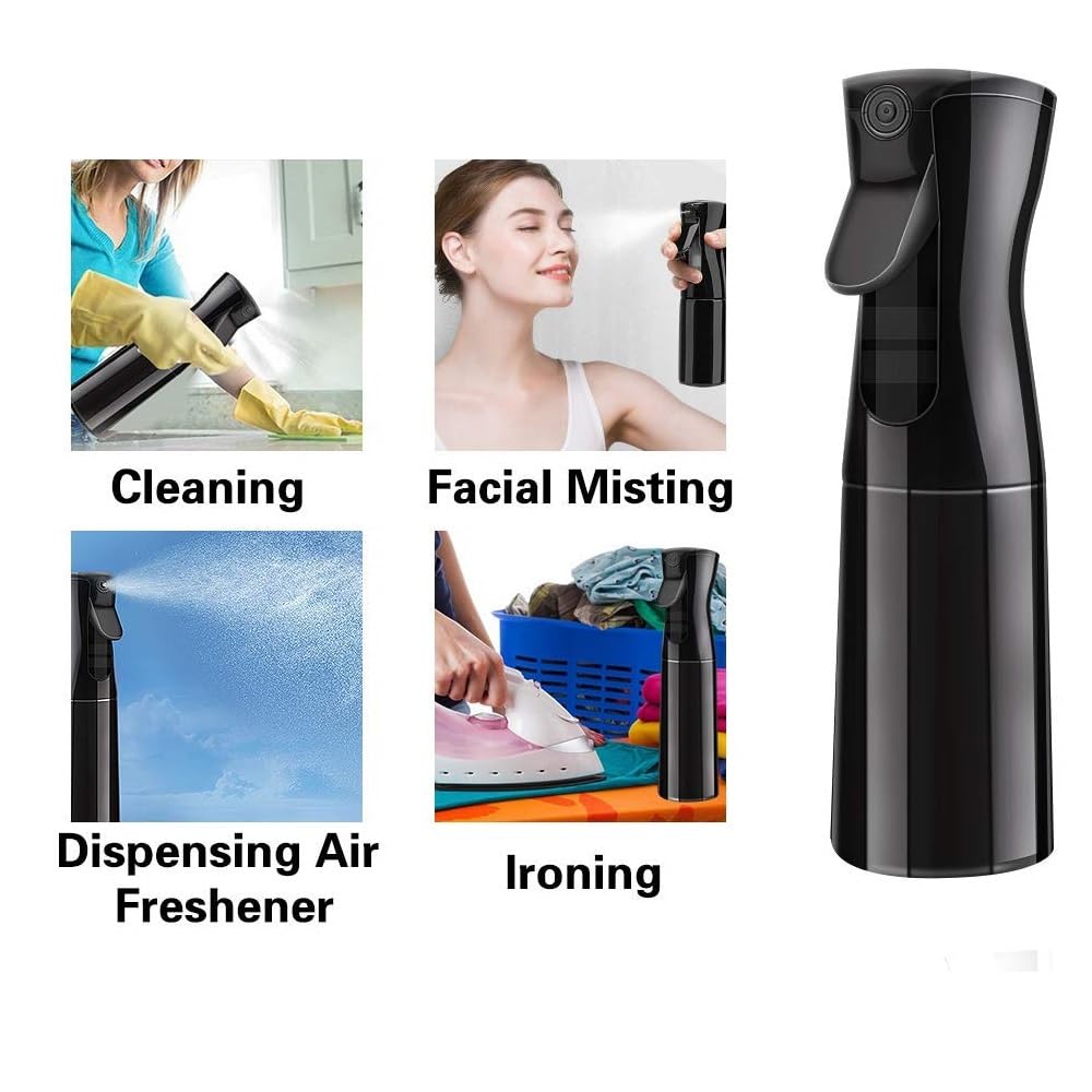 Plastic Hair Spray Bottle Continuous Water Mister, Refillable Empty Mist Water Sprayer Bottle Mist Trigger Sprayer for Taming Hair in Morning - 300ml, Black