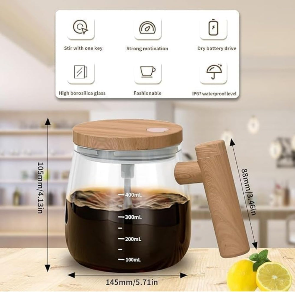 Electric Self Stirring Coffee Mug with Plastic Handle & Glass Cup – USB Rechargeable Automatic Coffee Mixer Cup with Magnetic Stirrer for Coffee, Milk, Protein Shake, Hot Chocolate (400ml)