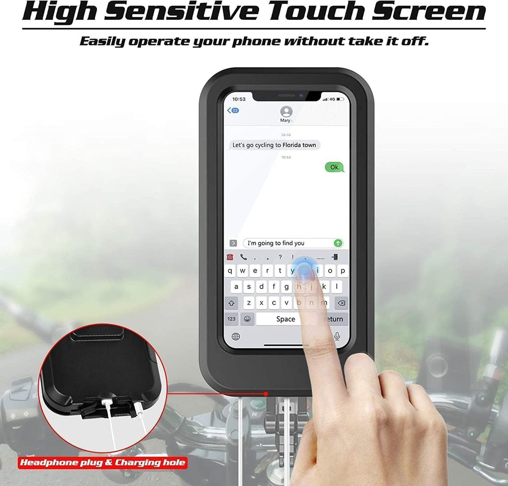 Waterproof Bike Mobile Phone Holder for Handlebar, 360° Rotatable Touch Screen Phone Mount, IPX6 Rainproof Case for 4.7–7.2 Inch Smartphones, Universal Motorcycle & Bicycle Mobile Stand (Black)