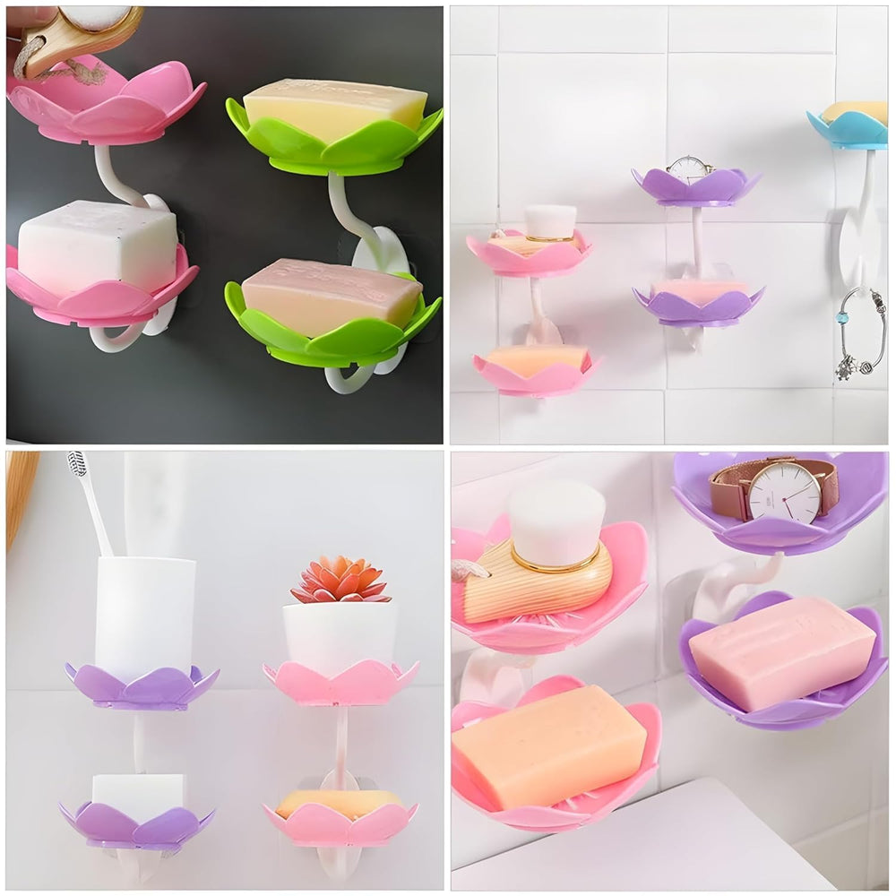 Lotus Flower Shape Soap Holder | Double Layer Drainable Soap Dish | Wall Mounted & Reusable | Adhesive Sticker Included | No-Soggy Soap Solution for Bathroom & Kitchen (Multi-2 pcs)