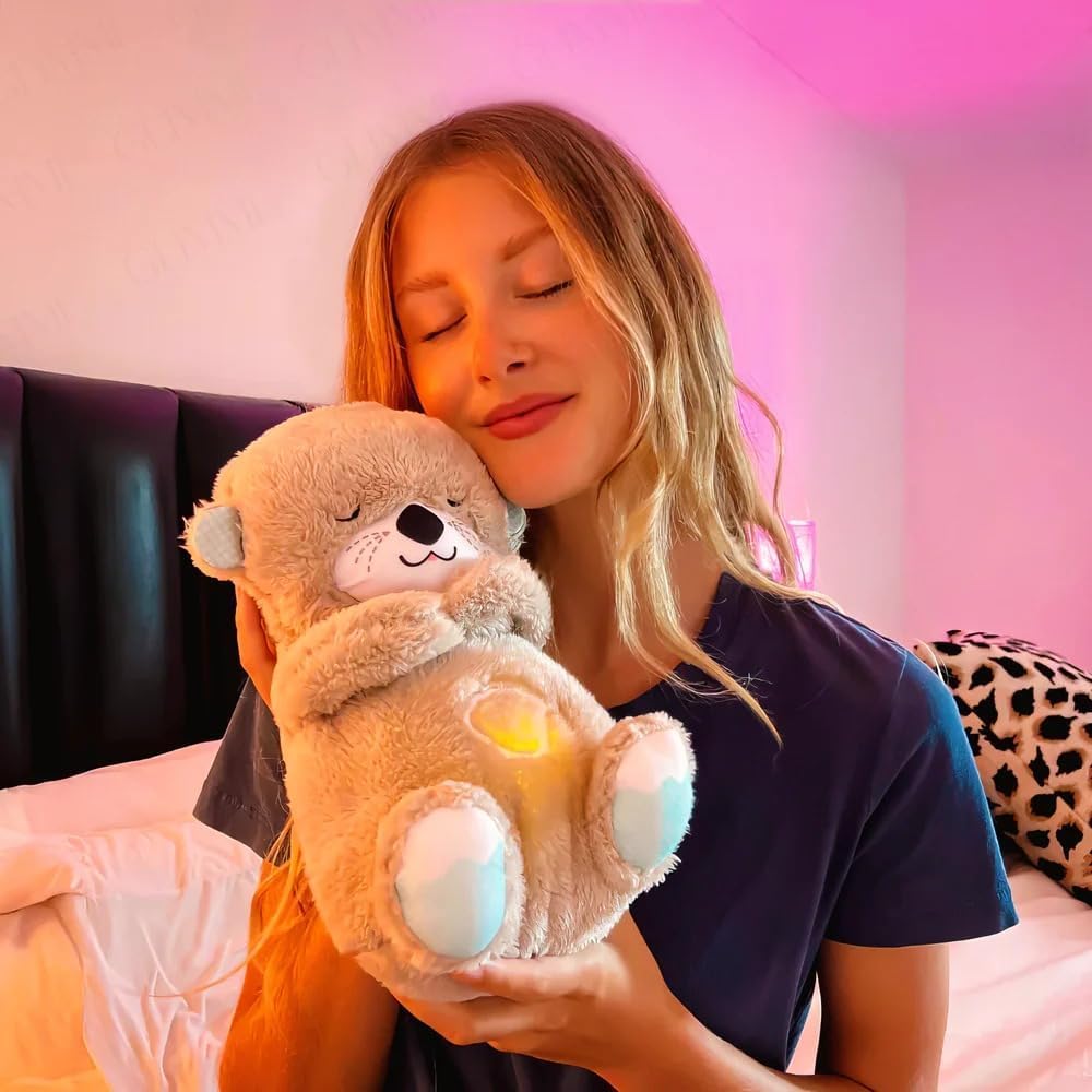 Breathing Teddy Bear Plush Otter with Rhythm Motion, Light & Music | Grey Comfort Toy for Stress Relief for Kids, Adults & Valentine’s Day