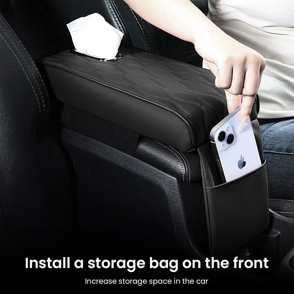 Car Armrest Cushion with Tissue Holder, Memory Foam Console Pad, PU Leather Cover, Universal Fit Arm Rest Support for Car SUV Truck, Comfortable Elbow Rest Organizer (Black)