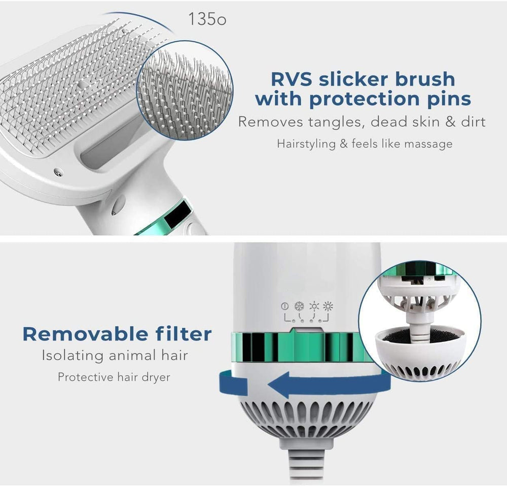 2-in-1 Portable Pet Hair Dryer and Self-Cleaning Slicker Brush with Adjustable Temperature for Dogs and Cats