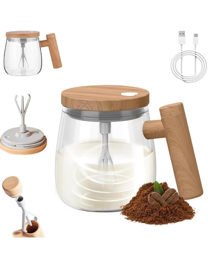 Electric Self Stirring Coffee Mug with Plastic Handle & Glass Cup – USB Rechargeable Automatic Coffee Mixer Cup with Magnetic Stirrer for Coffee, Milk, Protein Shake, Hot Chocolate (400ml)