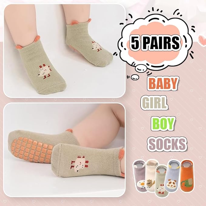5 Pairs Baby Socks Set, Antislip Socks for New Born Baby 0-3 Years, Non Slip Grip Ankle Socks with Non Skid Soles for Infants Baby Shower Gifts