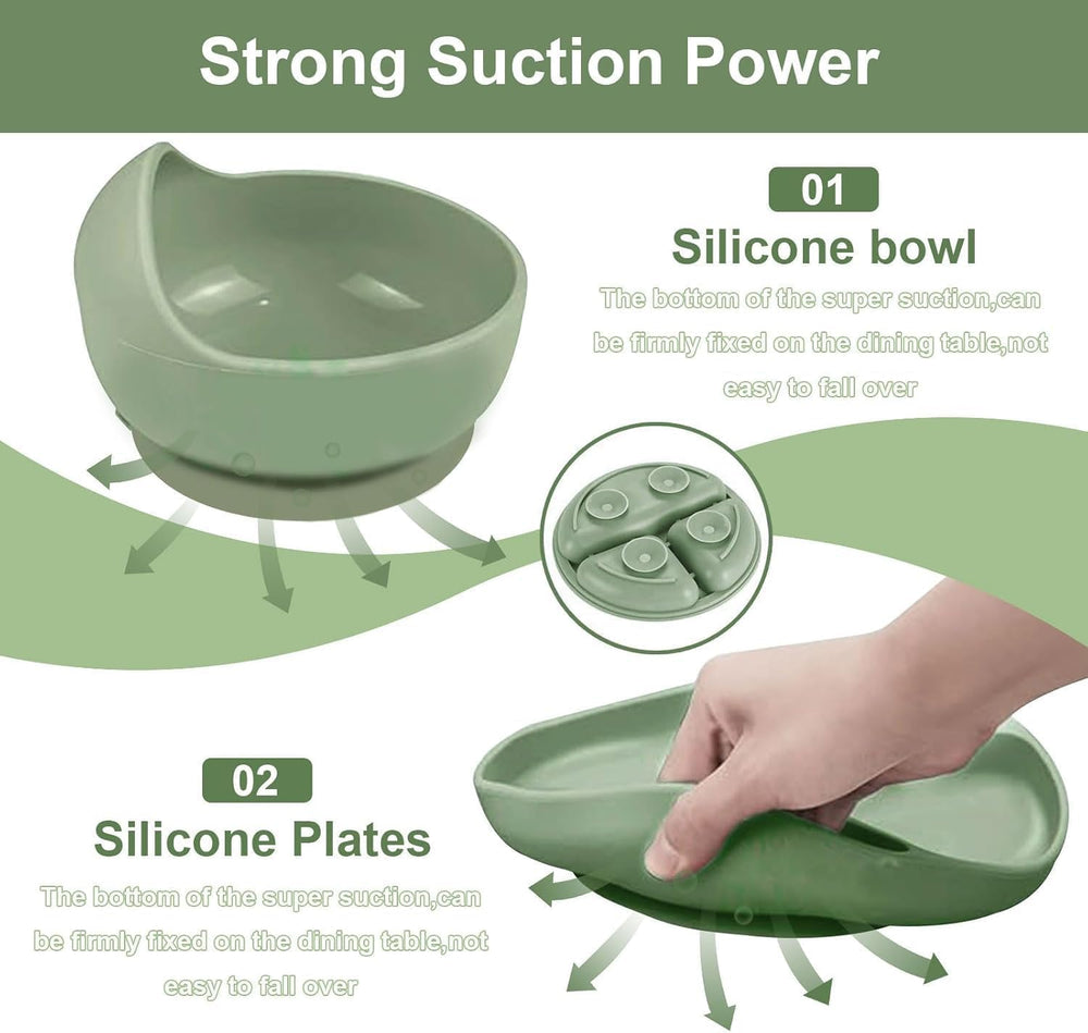6PCS Silicone Baby Feeding Set – Suction Plate, Bowl, Bib, Spoon, Fork & Cup – BPA-Free, Microwave & Dishwasher Safe – Soft & Safe for Babies 6 Months+ (Green)