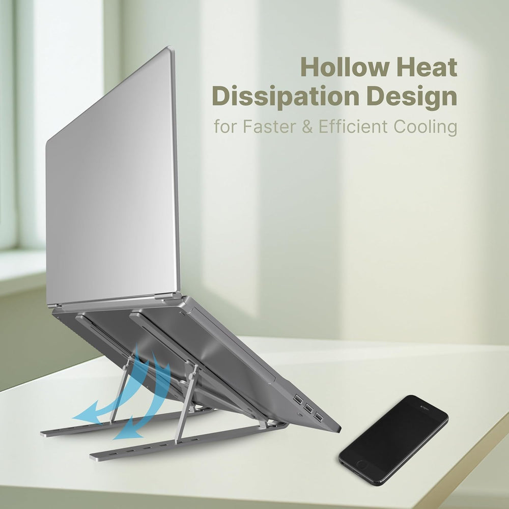 Laptop Tabletop Stand, Fold-Up, Adjustable, Ventilated, Portable Holder For Desk, Aluminum Foldable Laptop Ergonomic Compatibility With Up To 15.6-Inch Laptop, All Mac, Tab, And Mobile (Silver)