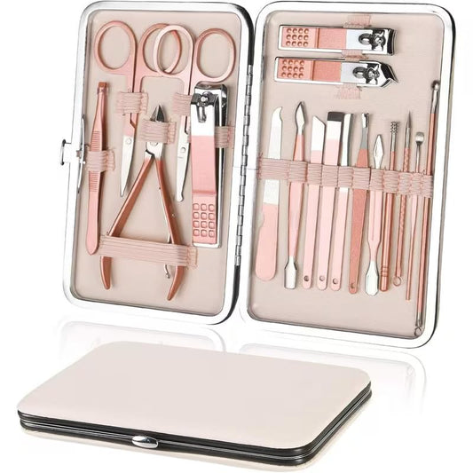 18 in 1 Stainless Steel Manicure Set Professional Nail Care Grooming Kit for Men and Women with Nail Clipper Pedicure Tool Eyebrow Ear and Facial Tools in Portable Travel PU Leather Case